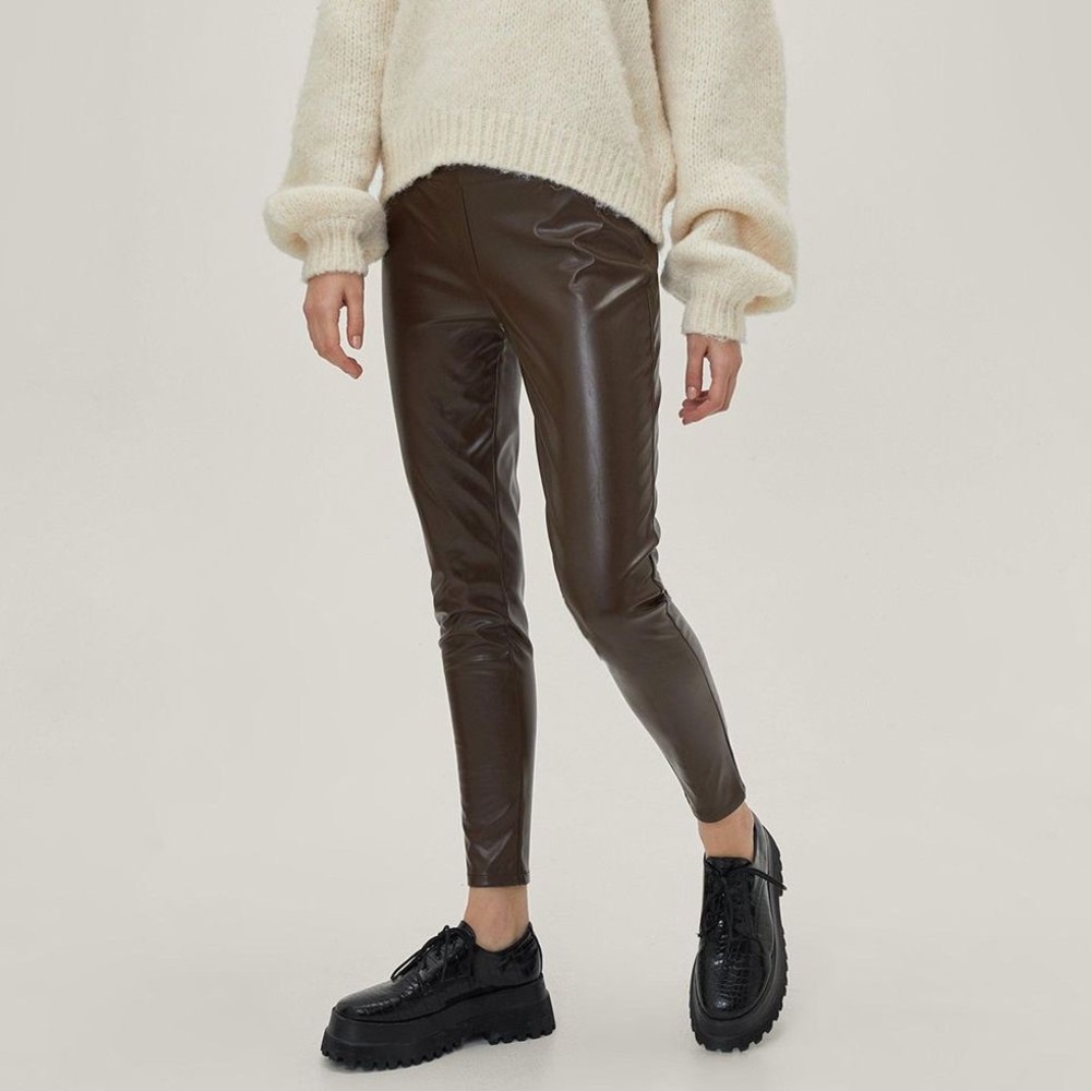 Nasty Gal Chocolate Brown Faux Leather Leggings High Waist Size 14 NWT